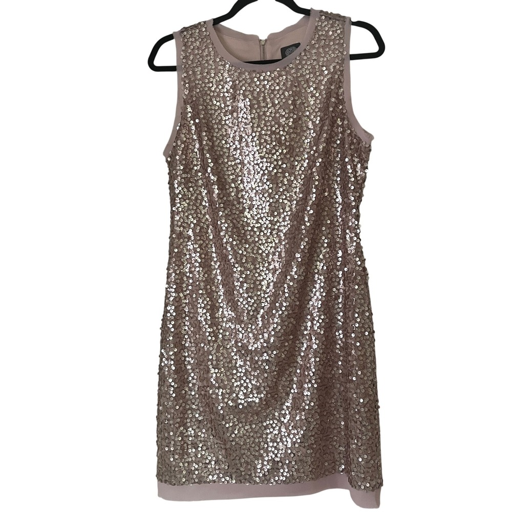 Vince Camuto Sequin Sheath Dress Rose Gold Sz 10 Sleeveless Party EUC